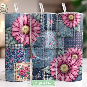 May include: Three stainless steel tumblers with clear straws. The tumblers feature a patchwork design with denim, floral patterns, and large pink gerbera daisies. The words "Instant Download" and "Digital File" are visible.