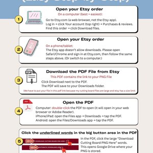 Puede incluir: Una gu&iacute;a azul claro titulada "C&oacute;mo descargar tu archivo (paso a paso f&aacute;cil)". Las instrucciones detallan la apertura de pedidos de Etsy en una computadora o tel&eacute;fono, la descarga de un PDF y la apertura del PDF para acceder a un archivo PNG.