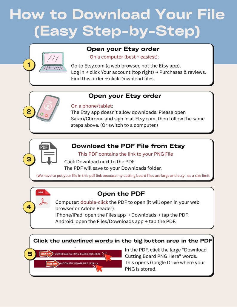 Puede incluir: Una gu&iacute;a azul claro titulada "C&oacute;mo descargar tu archivo (paso a paso f&aacute;cil)". Las instrucciones detallan la apertura de pedidos de Etsy en una computadora o tel&eacute;fono, la descarga de un PDF y la apertura del PDF para acceder a un archivo PNG.