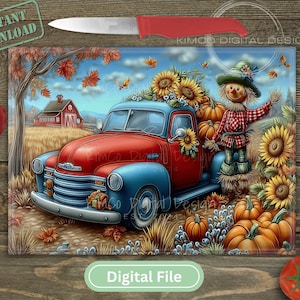 Glass Sublimation Cutting Board Design - Fall Harvest Pumpkin Truck Scarecrow Floral Printable PNG - Country Kitchen Art - Digital File