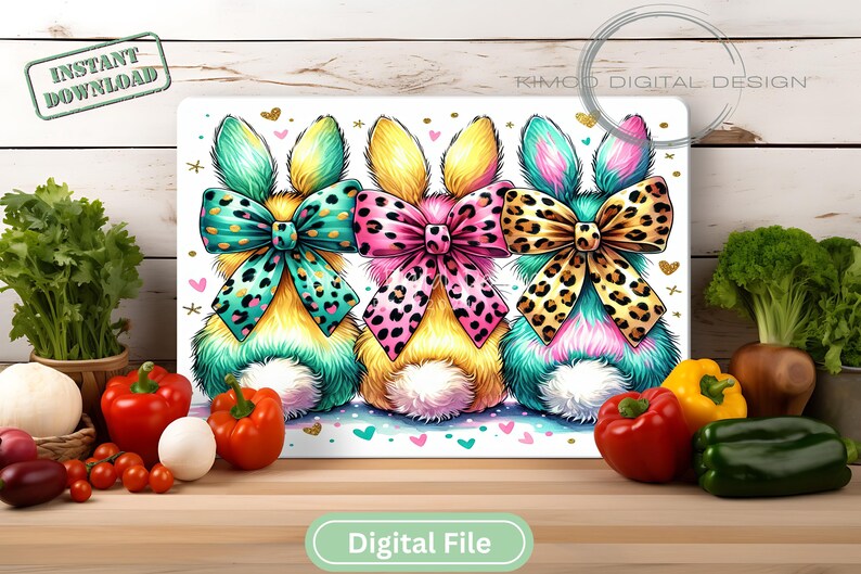 "Bright leopard print bunny butts sublimation PNG with colorful bows, perfect for Easter cutting boards, kitchen decor, and spring sublimation projects."