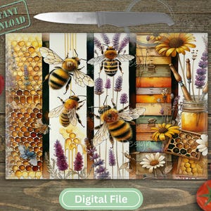 May include: A glass chopping board with a colourful design featuring bees, honeycombs, lavender, and a jar of honey. The design is set against a white background with black stripes.