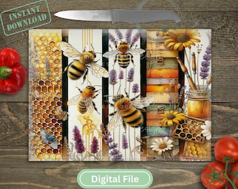 Bee Glass Cutting Board PNG, Honeycomb Kitchen Decor, Farmhouse Sublimation Design, Honey Bee Digital Download, Rustic Kitchen Gift