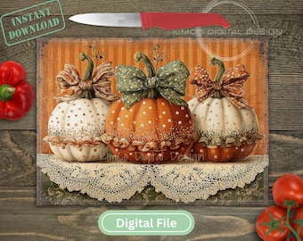 Coquette Pumpkins PNG, Vintage Polka Dot Fall Glass Sublimation Cutting Board Design,  Farmhouse Autumn Decor Hot Plate, Chopping Board File