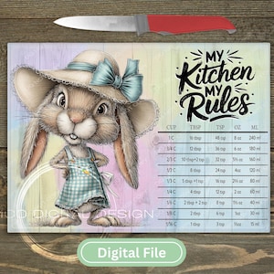 Puede incluir: Un archivo digital con una ilustración caprichosa de un conejito con sombrero y delantal, con el texto "My Kitchen My Rules". La imagen incluye una tabla de conversión para medidas de cocina comunes. Un cuchillo está colocado encima de la imagen.