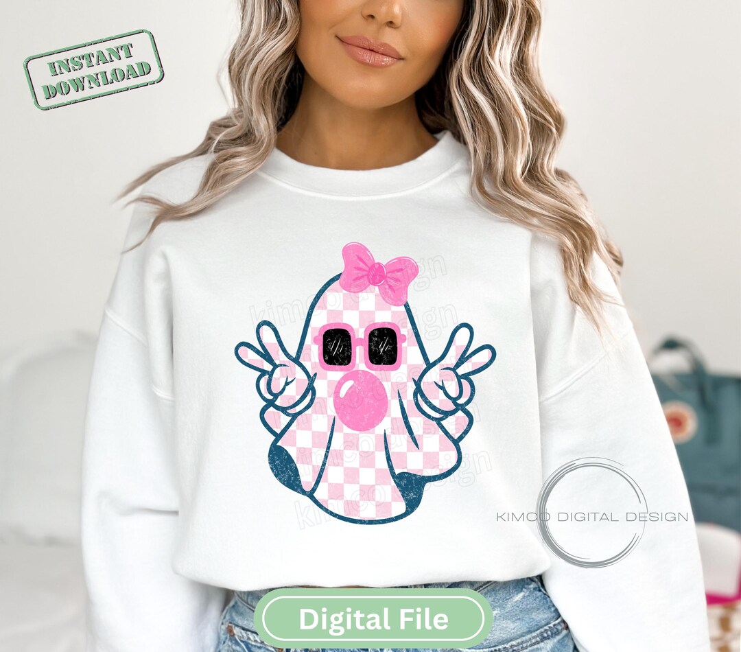 Ghost Blowing Bubble Png Cute Retro Checkered Ghost, Fall Sublimation ...