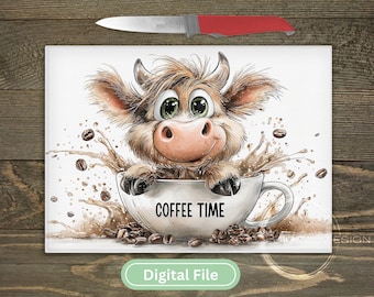 Highland Cow Cutting Board PNG | Glass Cutting Board Sublimation Design | Funny Coffee Kitchen Decor | Digital Download