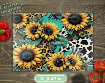 Sunflower Animal Print Sublimation Cutting Board Design, Sunflower Kitchen Cutting Board PNG, Cutting Board File Digital Design Download