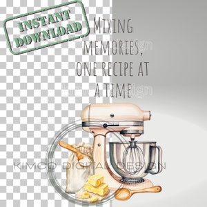 Op de afbeelding: Een vintage-stijl standmixer met een roze basis en een zilveren kom, omringd door een zak bloem, een houten lepel en klontjes boter. De tekst "Mixing Memories, One Recipe at a Time" staat in het zwart boven de mixer.