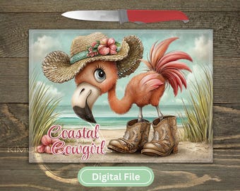 Coastal Cowgirl Flamingo PNG, Beach Kitchen Cutting Board Sublimation (Digital Download)