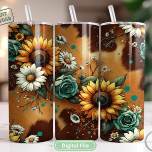 Cow Print Sunflower Tumbler PNG, Western Boho 20oz Tumbler Wrap, Rustic Floral Sublimation, Country Cowhide Print Tumbler Design