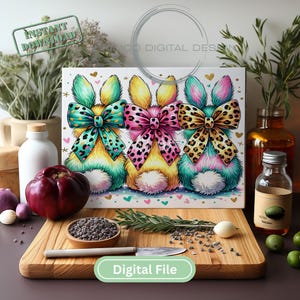 "Bright leopard print bunny butts sublimation PNG with colorful bows, perfect for Easter cutting boards, kitchen decor, and spring sublimation projects."