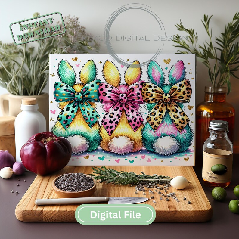 "Bright leopard print bunny butts sublimation PNG with colorful bows, perfect for Easter cutting boards, kitchen decor, and spring sublimation projects."