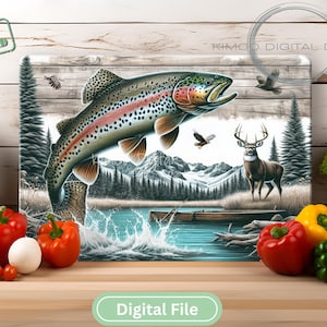 May include: A rectangular digital file featuring a jumping rainbow trout in the foreground, a deer standing near a lake, snow-capped mountains, pine trees, and birds in the sky. The design includes the text INSTANT DOWNLOAD and KIMOD DIGITAL DESIGN.
