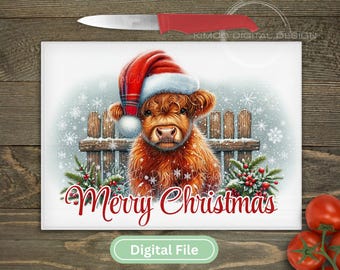 Christmas Highland Cow Sublimation Cutting Board PNG, Farmhouse Holiday Glass Cutting Board Design, Rustic Kitchen Decor Digital File