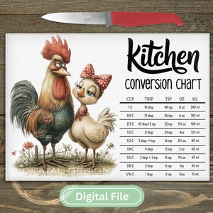 May include: A kitchen conversion chart with a rooster and hen illustration. The chart includes measurements for cups, tablespoons, teaspoons, ounces, and milliliters. A red-handled knife is at the top. The words "Kitchen Conversion Chart" are in black script.