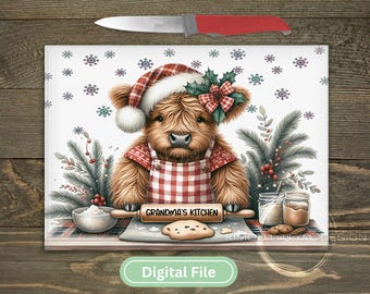 Christmas Highland Cow Cutting Board PNG | Grandma’s Kitchen Design | Farmhouse Holiday Art for Sublimation on Glass Cutting Boards DIGITAL
