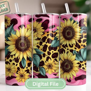 May include: Three pink and leopard print tumblers with a sunflower design. The tumblers are 20 ounces and have a clear lid.