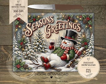 Snowman Christmas Cutting Board PNG, Seasons Greetings Sublimation Design (Digital Download)