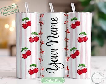 Cherry Coquette Tumbler Wrap PNG  Personalized Add Your Own Name-Text Sublimation 20oz Pink Stripe Skinny Tumbler  Digital File Seamless