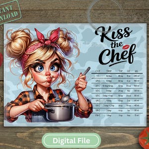 Kiss the Chef Sublimation PNG | Funny Glass Cutting Board Design | Kitchen Measurement Conversion Chart | Sassy Baker | Digital File