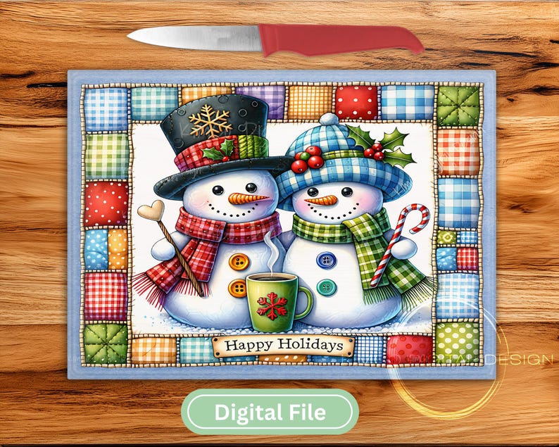 Happy Holidays Snowman Cutting Board PNG, Christmas Patchwork Snowman ...