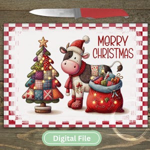 May include: A Christmas-themed digital image with a cow in a Santa hat and scarf, a patchwork Christmas tree, and a red sack of gifts. The words "MERRY CHRISTMAS" are in red. The image is on a white background with a red and white checkered border.
