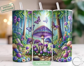 Enchanted Mushroom Forest Tumbler Wrap – 20 oz Skinny – Fantasy Fairy Purple Butterfly Cottagecore PNG Instant Download - Seamless