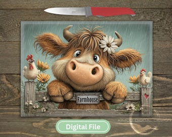 Farmhouse Cow Glass Cutting Board Design | Rustic Kitchen PNG (Digital File)