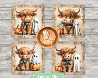 Sous-verre carré de saison effrayante en sublimation PNG, art déco automne-automne pour sublimation sur des sous-verres de forme carrée numérique - lot de 4