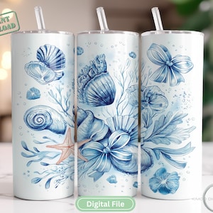 Blue Seashells Tumbler Wrap PNG, 20oz Sublimation Design, Coastal Ocean Skinny Tumbler Digital File, Beach Bow Nautical Summer Art