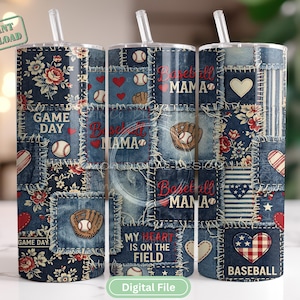 May include: Three baseball-themed tumblers with straws. The designs feature denim patchwork with baseballs, gloves, hearts, and floral patterns. Text includes "Game Day," "Baseball Mama," and "My Heart is on the Field."