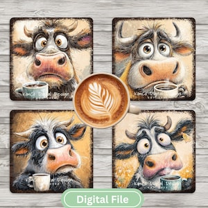 May include: Four square coasters with cartoon cow faces, each holding a coffee cup. The cows have expressive eyes and sad faces. A central cup of latte art is visible. Each coaster has the text "KimCo Digital Design".