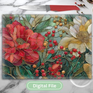 Stained glass floral sublimation PNG featuring red and white peonies with berries. Perfect for Christmas cutting boards, farmhouse décor, and festive digital art.