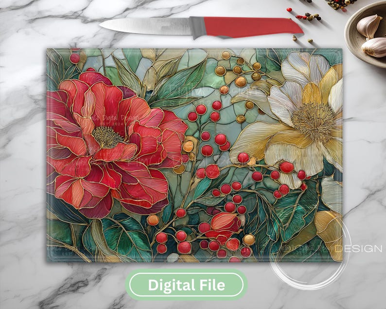 Stained glass floral sublimation PNG featuring red and white peonies with berries. Perfect for Christmas cutting boards, farmhouse décor, and festive digital art.