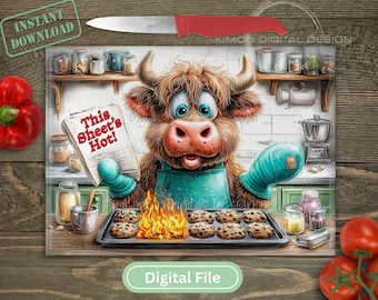 Funny Highland Cow Cutting Board PNG - “This Sheet’s Hot!” Kitchen Sublimation Design - Cookie Sheet Fire - Rustic Farmhouse Digital File
