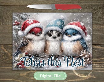 Bless This Nest Christmas Birds Cutting Board PNG | Winter Bird Sublimation Design | Rustic Farmhouse Holiday Kitchen Decor DIGITAL Download