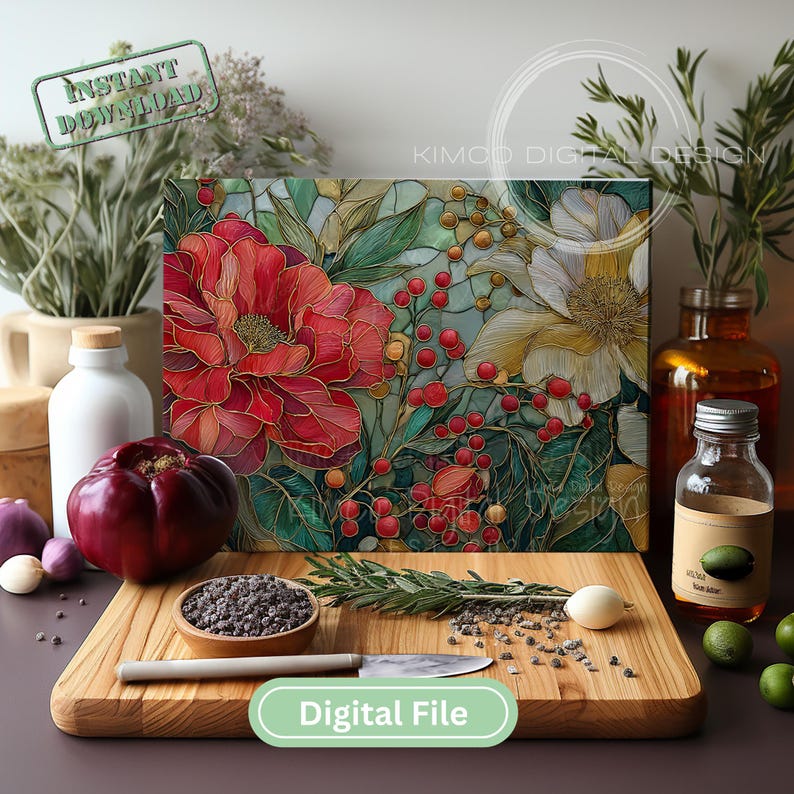 Stained glass floral sublimation PNG featuring red and white peonies with berries. Perfect for Christmas cutting boards, farmhouse décor, and festive digital art.