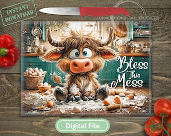 Tagliere con mucca delle Highlands in formato PNG, divertente decorazione da cucina in stile fattoria, tagliere in vetro con stampa a sublimazione di mucca rustica, design DIGITALE, download immediato