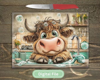 Tabla de cortar de vaca de las Tierras Altas PNG, divertida decoración de cocina de estilo rústico para sublimación en tablas de cortar de vidrio, imprimible, descarga digital