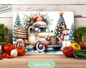 Christmas Vintage Truck Sublimation Cutting Board Design Download Vintage Christmas Cutting Board PNG, Cutting Board Digital Design Download