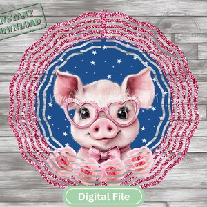 Pig Wind Spinner PNG | 10.5&quot; Round Sublimation Design | Glitter Pink Piglet with Roses | Cute Farm Animal Garden Decor |  Digital Download