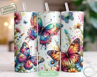 Butterfly Wildflower 20oz Skinny Tumbler Wrap, Sublimation Design Digital Download PNG, Butterfly Lovers Tumbler Wrap png Instant Download