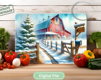 Christmas Farmhouse Sublimation Cutting Board Design, Red Barn House Christmas Cutting Board PNG, Cutting Board Digital Design Download
