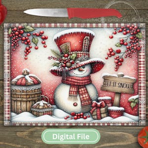 May include: A rectangular glass cutting board featuring a festive illustration of a snowman wearing a red top hat and scarf, surrounded by holly berries, a wooden barrel, a gift box, and a sign with the text LET IT SNOW, framed by a red plaid border.
