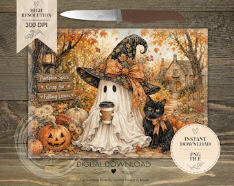 Cozy Autumn Ghost Black Cat Cutting Board PNG (Digital Download)