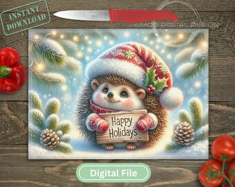Christmas Hedgehog Cutting Board PNG for Sublimation on Glass Cutting Boards DIGITAL File
