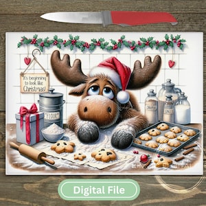 Pode incluir: Ilustração digital de um alce com um gorro de Natal a assar biscoitos de Natal. A imagem inclui um rolo, farinha, um presente e o texto "It's beginning to look like Christmas!" numa cozinha.
