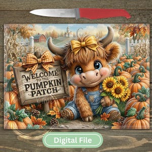 May include: A rectangular glass cutting board featuring a cartoon highland cow wearing blue overalls and a yellow bow, holding sunflowers. A wooden sign reads Welcome to the Pumpkin Patch. The scene includes orange pumpkins and a red knife handle.