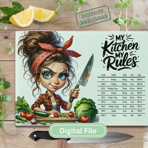 Digital PNG design of a sassy cartoon chef girl with a red bandana and knife beside “My Kitchen My Rules” text and a cooking measurement chart, designed for sublimation on glass cutting boards.